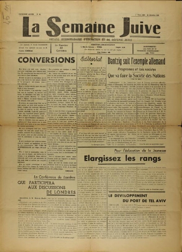 La Semaine Juive : Organe hebdomadaire d'éducation et de défense juive. N° 44 (23 décembre 1938)